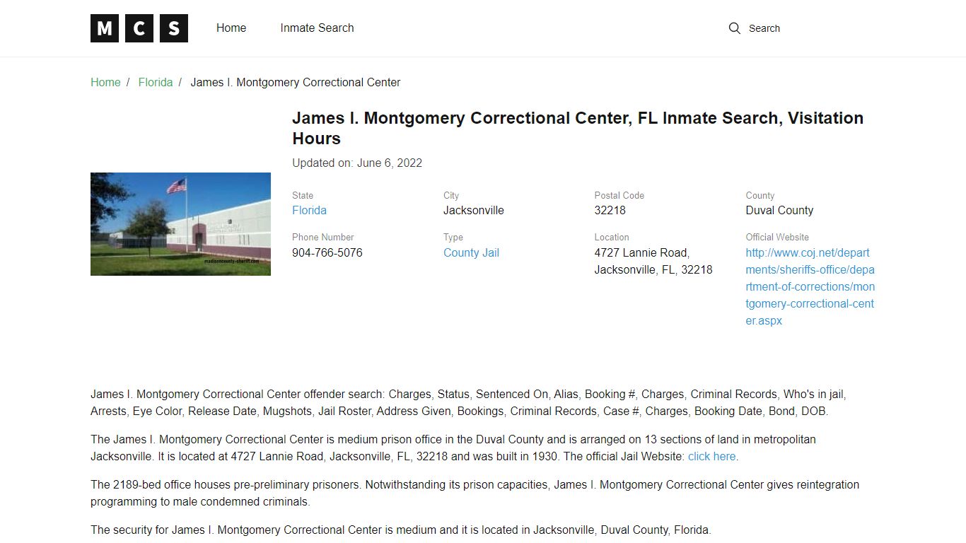 James I. Montgomery Correctional Center , FL Inmate Search ...